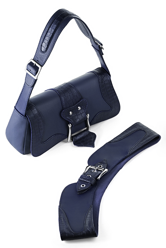 Navy blue women's dress belt, matching pumps and bags. Made to measure. Worn view - Florence KOOIJMAN